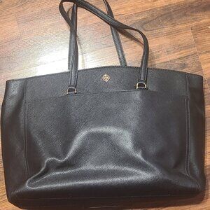 Tory Burch Black Leather Triple Compartment Laptop Travel Tote Bag